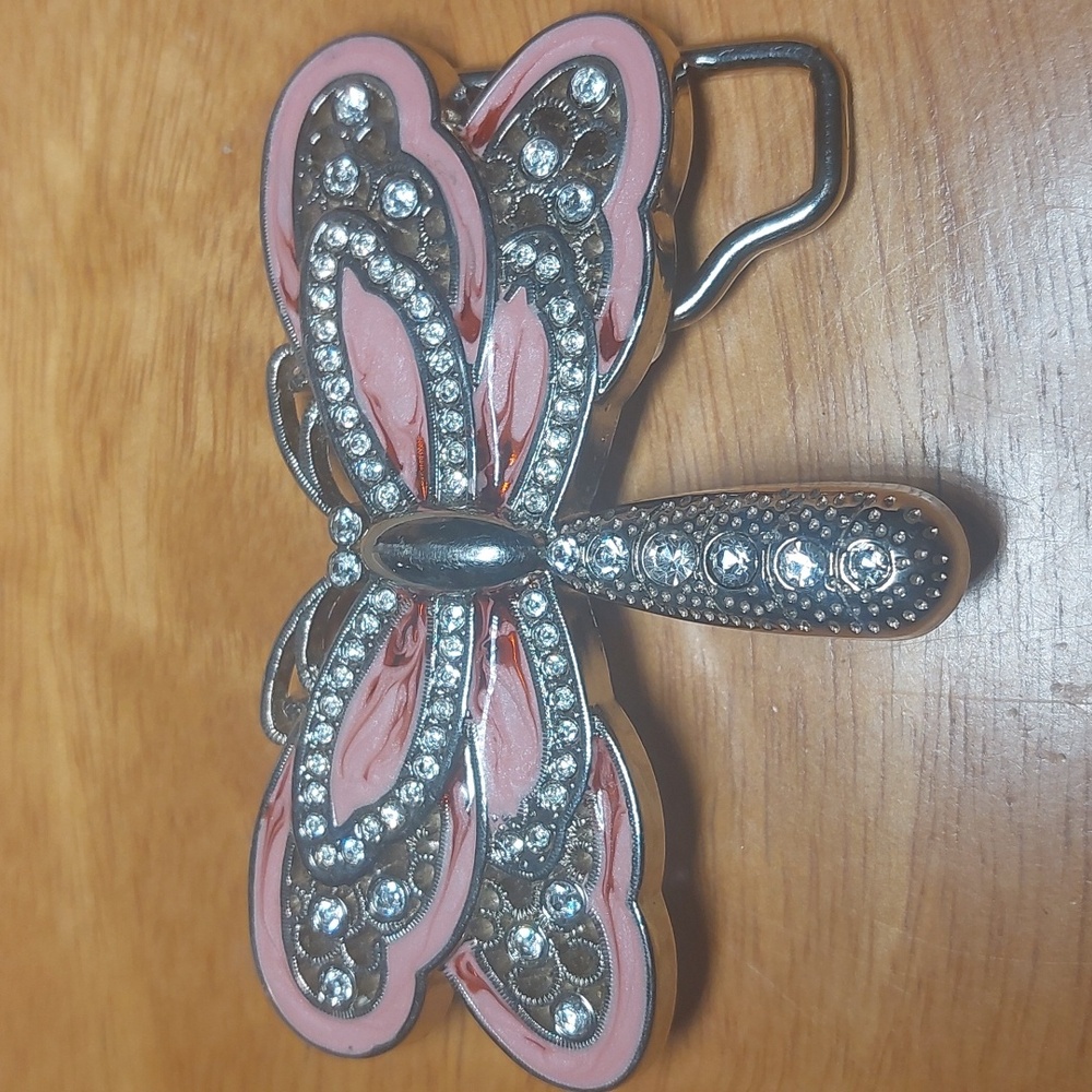 Belt Buckle Pink Vintage Rhinestone Butterfly Enamel 3.25"